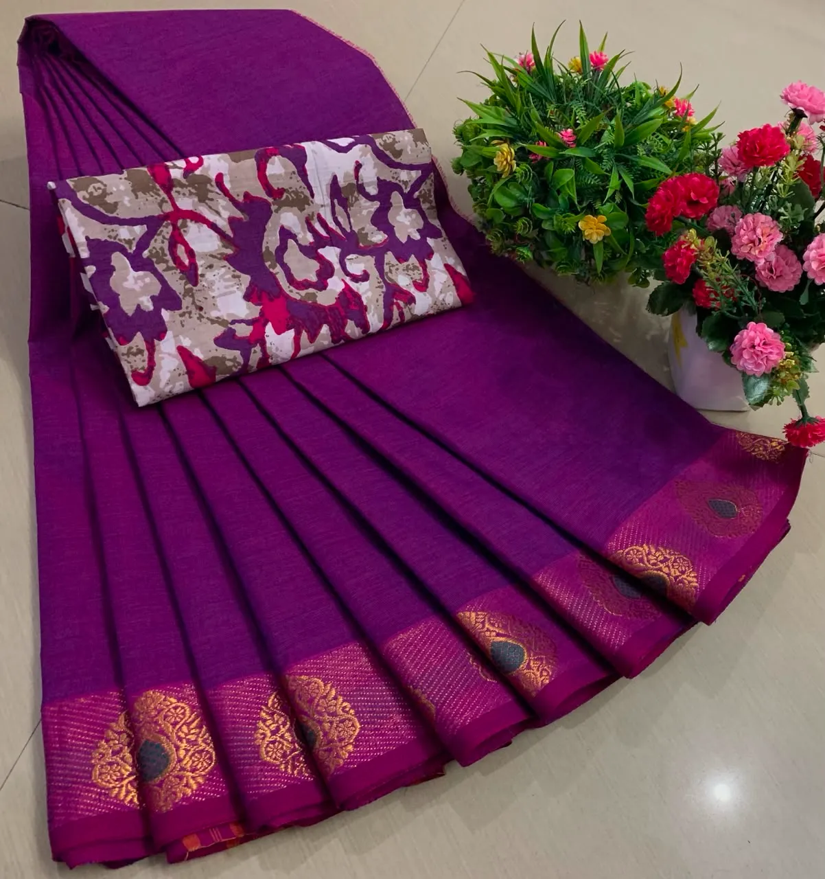 Magenta Purple Chettinadu Pure Cotton Saree with Kalamkari Blouse